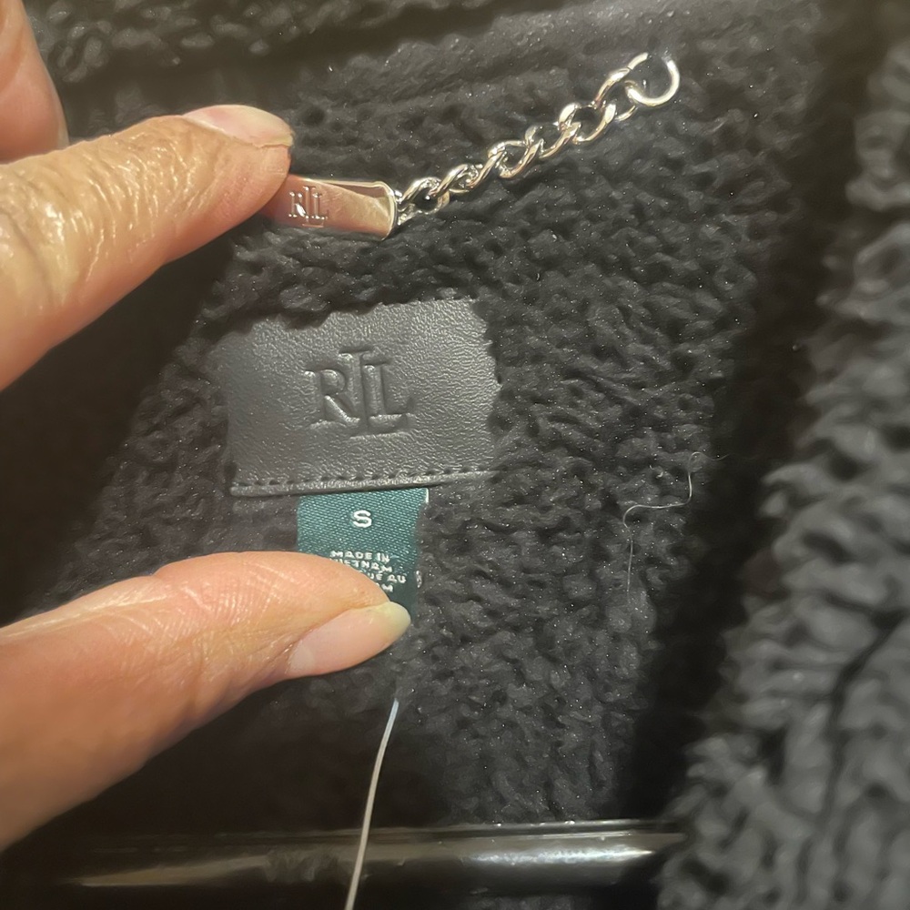 Lauren Ralph Lauren Black Shearling Moto Vest with Silver Chain Detail - Picture 10 of 12